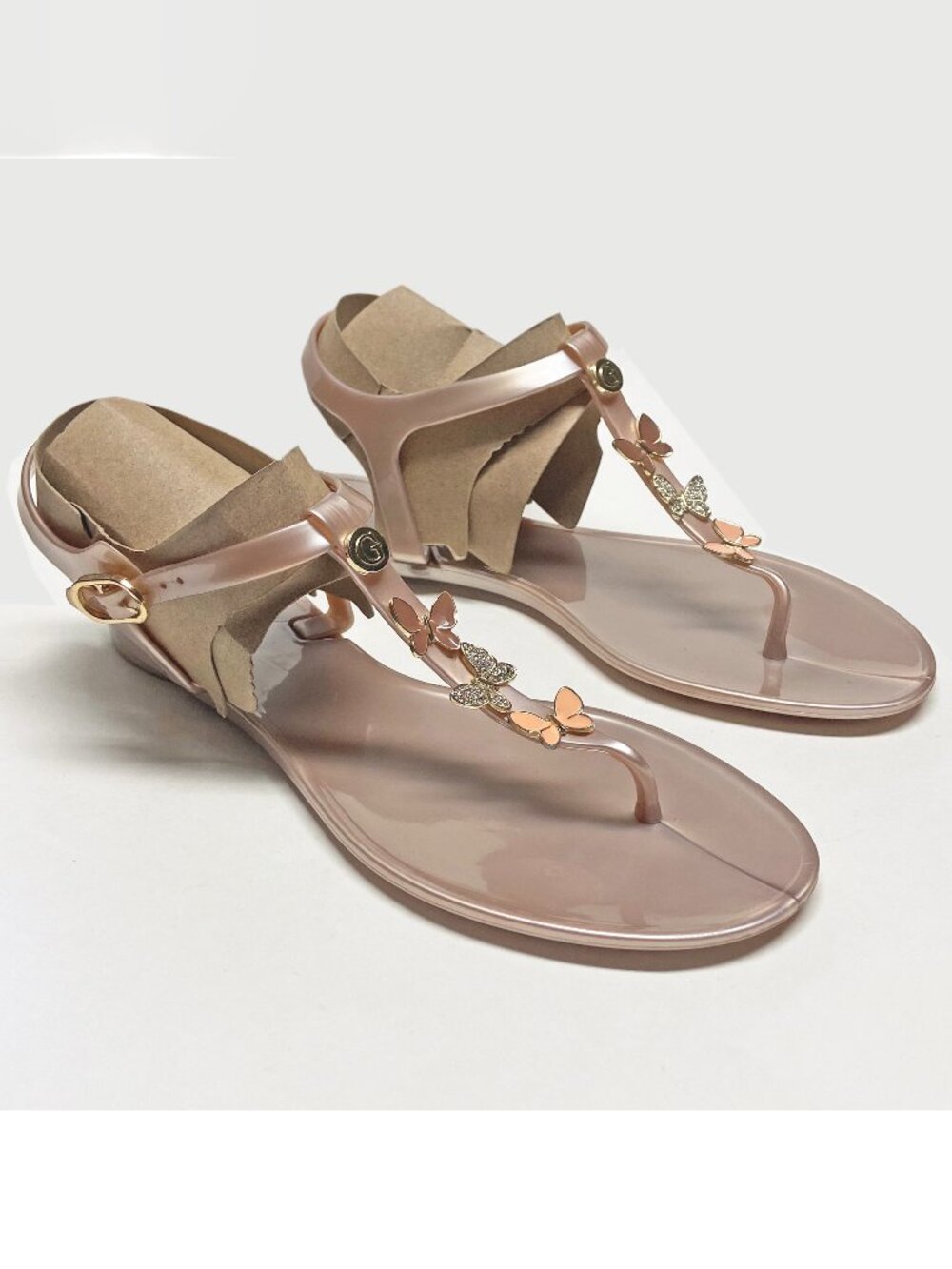 Guess Champagne T-Strap Jelly Sandals Size 10 Enamel & Rhinestone Butterflies